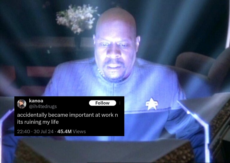 The meme is a screenshot from the TV show Star Trek: Deep Space Nine, featuring a character who has just been killed by a transporter beam malfunction. The image shows a character's face frozen in a shocked expression, with a bright blue glow surrounding him. The text overlaid on the image reads: "I'm dead" (although this is not present in the original meme I described, it's a common variation).